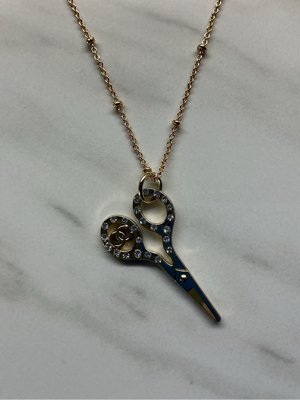 CHANEL Gold and Navy Scissors Pendant Necklace with Crystals